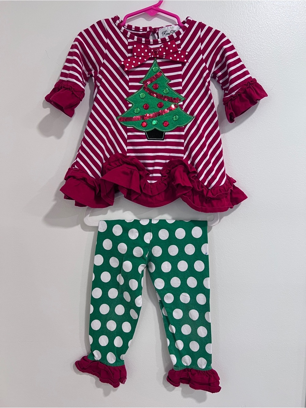 Rare Editions Red Stripe Christmas Tree Top with Green Polka Dot Leggings